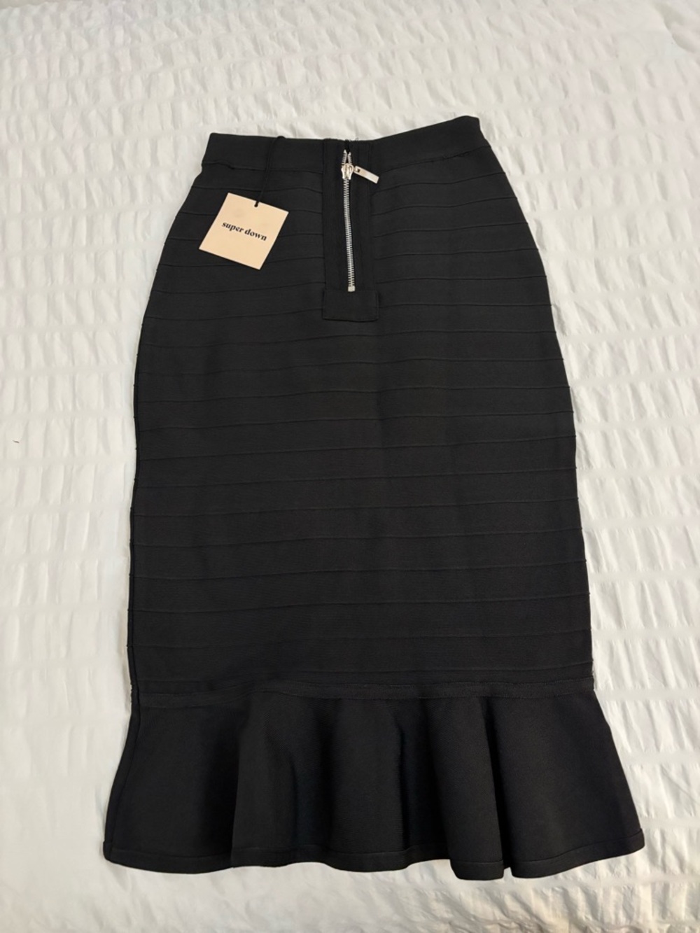 Black Pencil Skirt with Ruffle Hem and Exposed Silver Zip